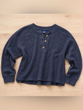 OLD NAVY womens navy heathered Waffle-Knit Henley Top - thermal M crop shirt